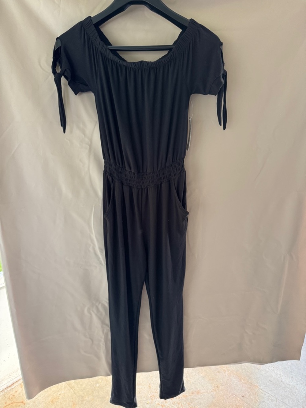 Derek Heart Black Off-Shoulder Tie-Sleeve Jumpsuit